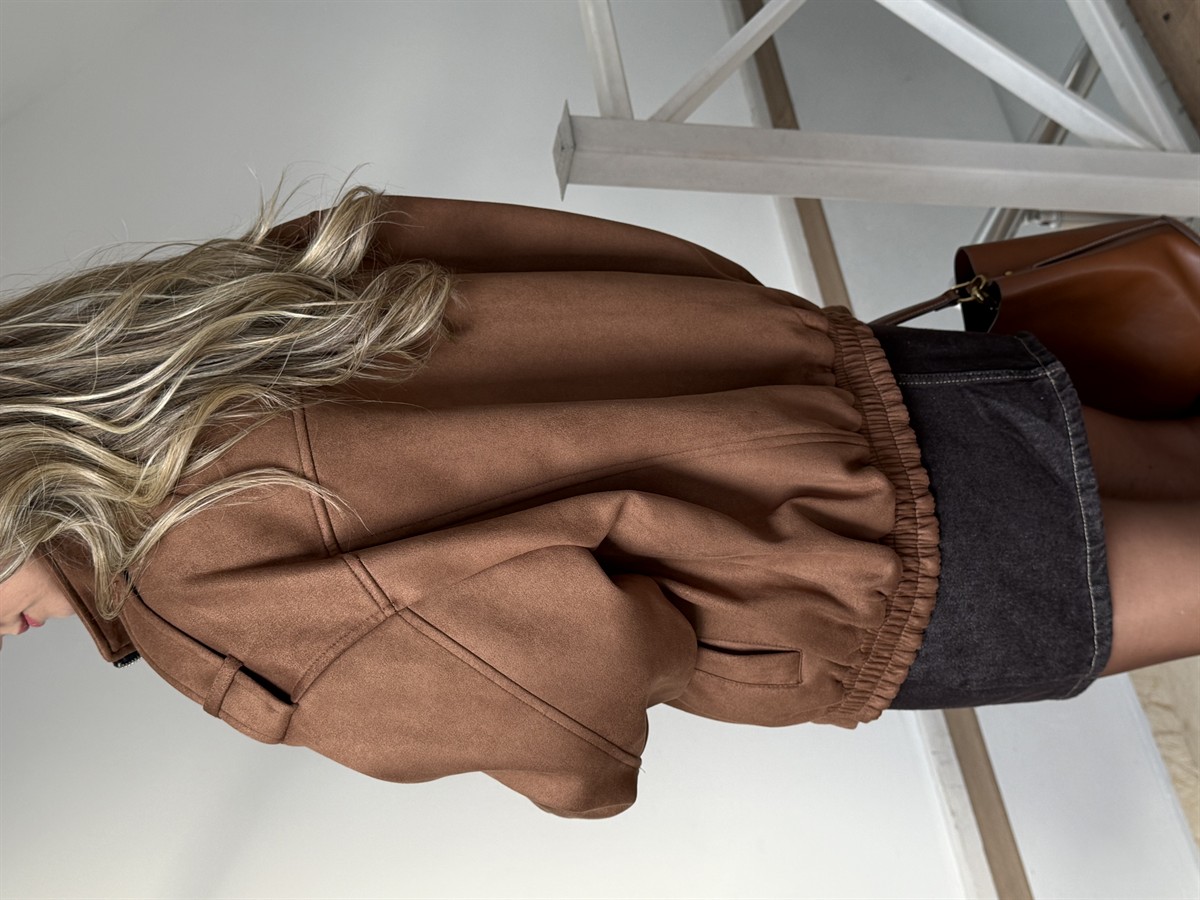 Beli Lastikli Cepli Bomber Süet Ceket - Taba