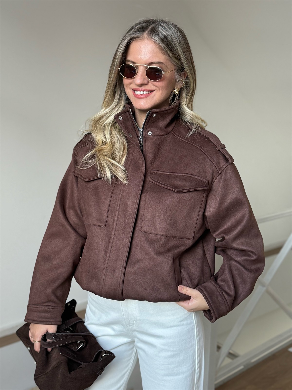 Beli Lastikli Cepli Bomber Süet Ceket - Kahverengi