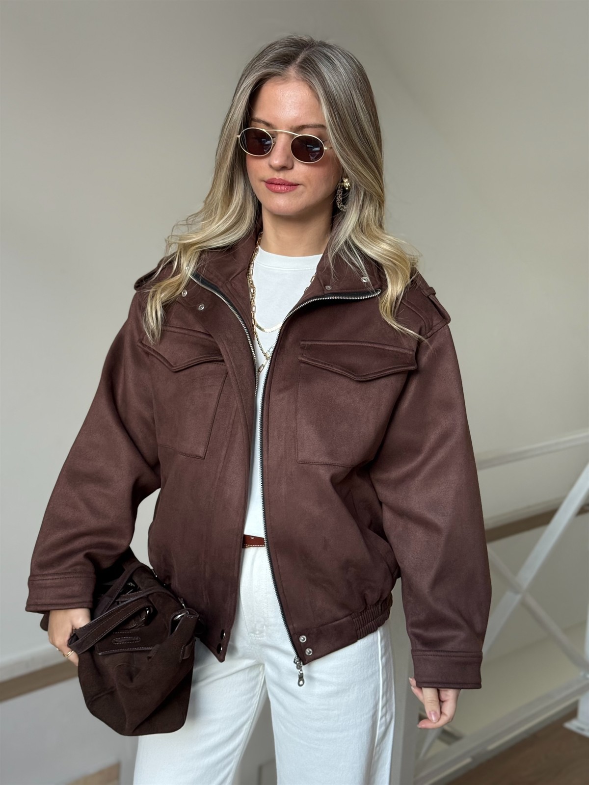 Beli Lastikli Cepli Bomber Süet Ceket - Kahverengi