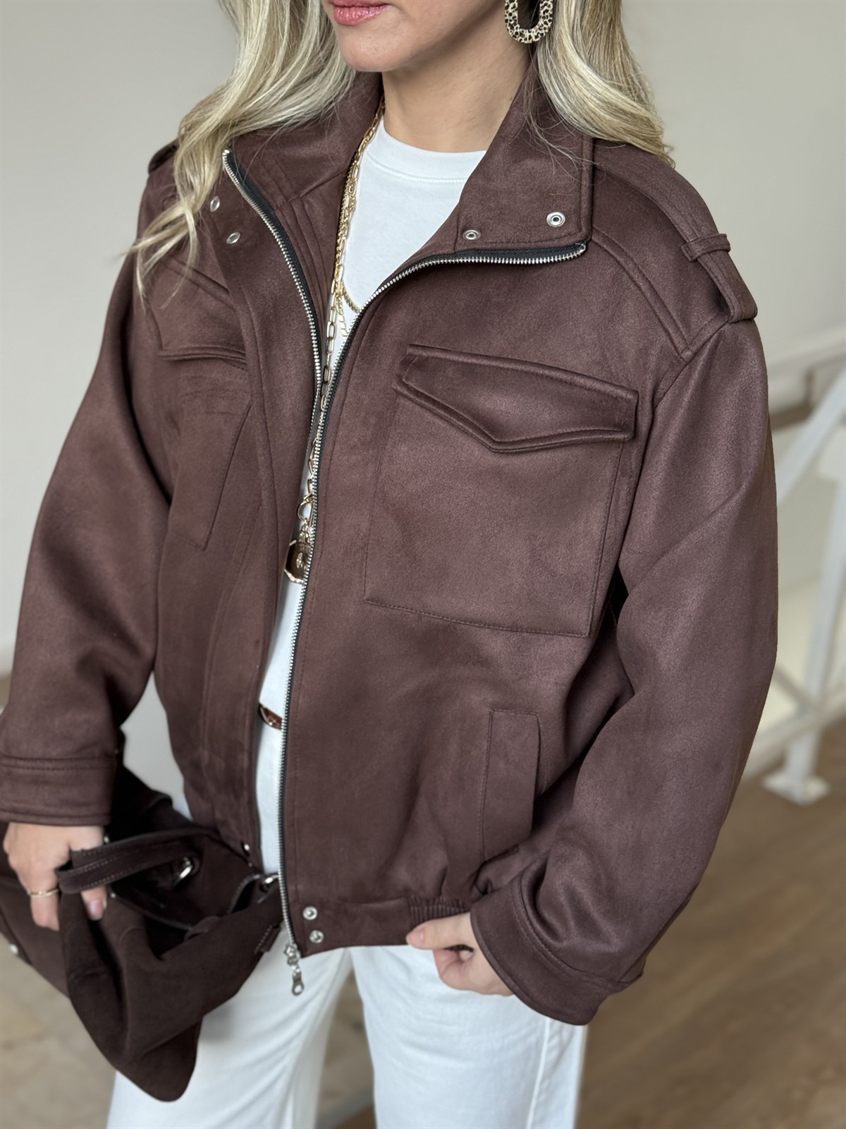 Beli Lastikli Cepli Bomber Süet Ceket - Kahverengi