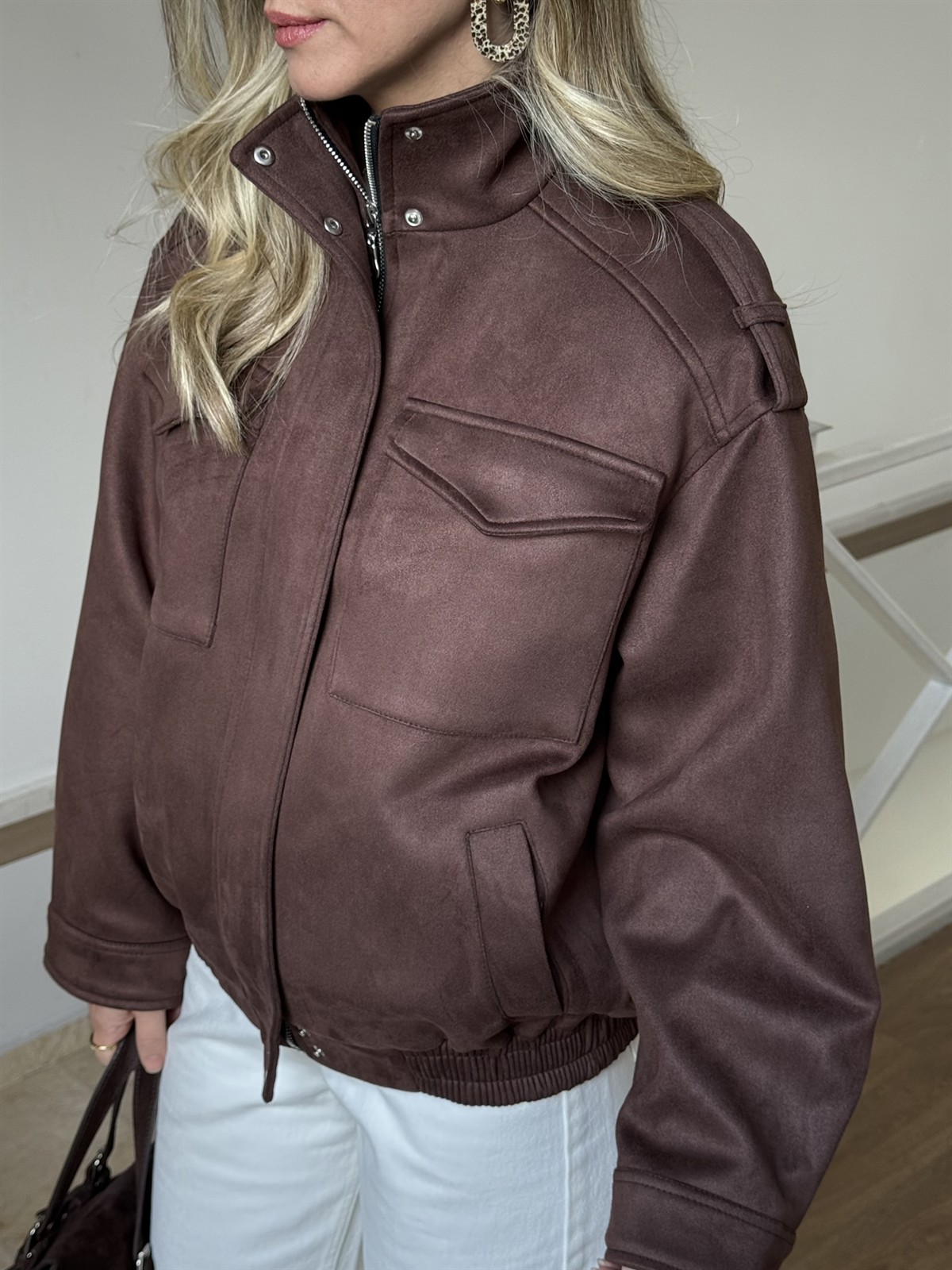 Beli Lastikli Cepli Bomber Süet Ceket - Kahverengi