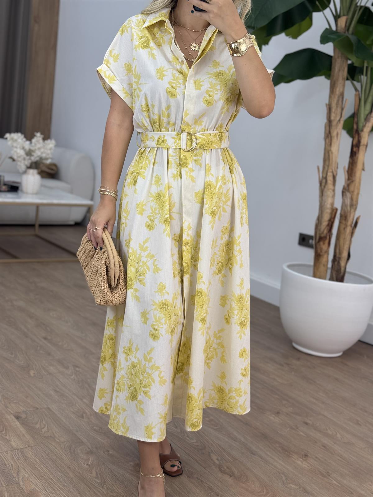 Beli Lastikli Çiçekli Gömlek Elbise