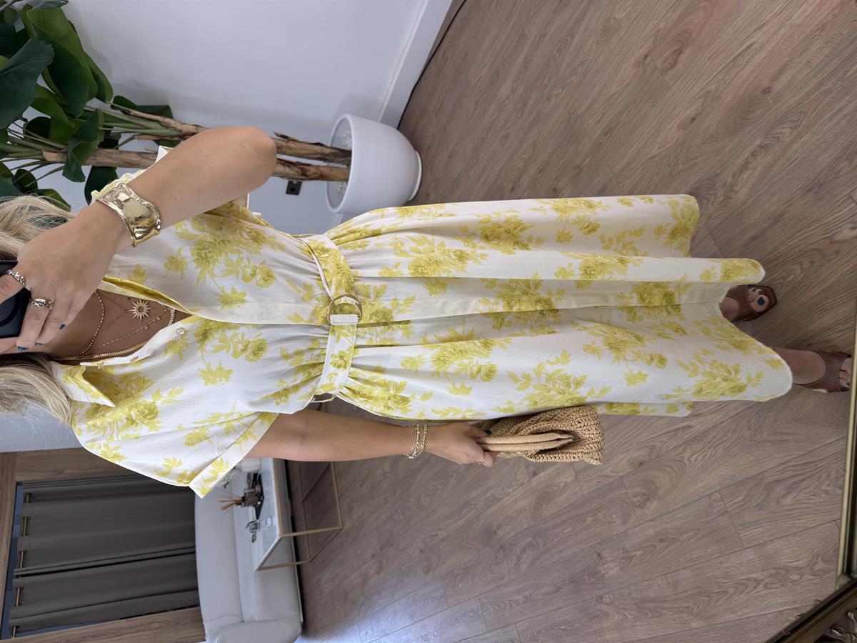 Beli Lastikli Çiçekli Gömlek Elbise