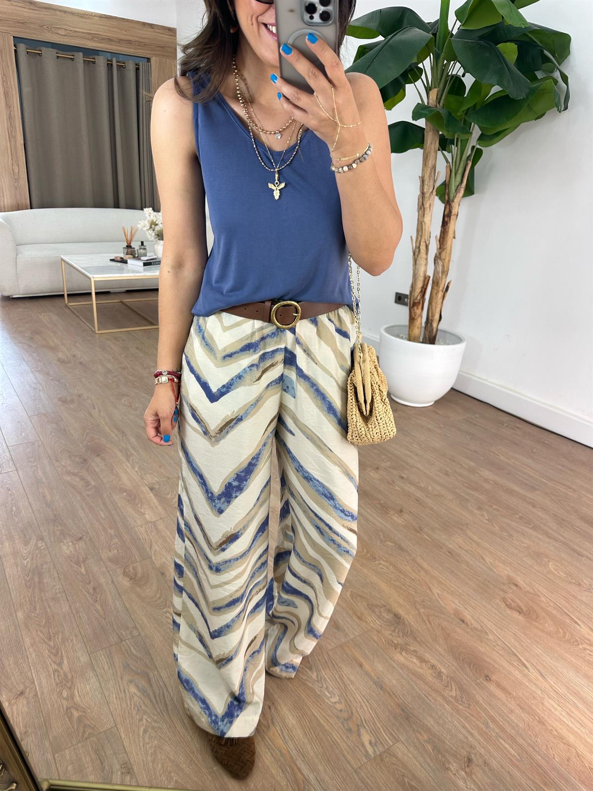 Beli Lastikli Çizgi Desenli Bol Paça Pantolon - Mavi