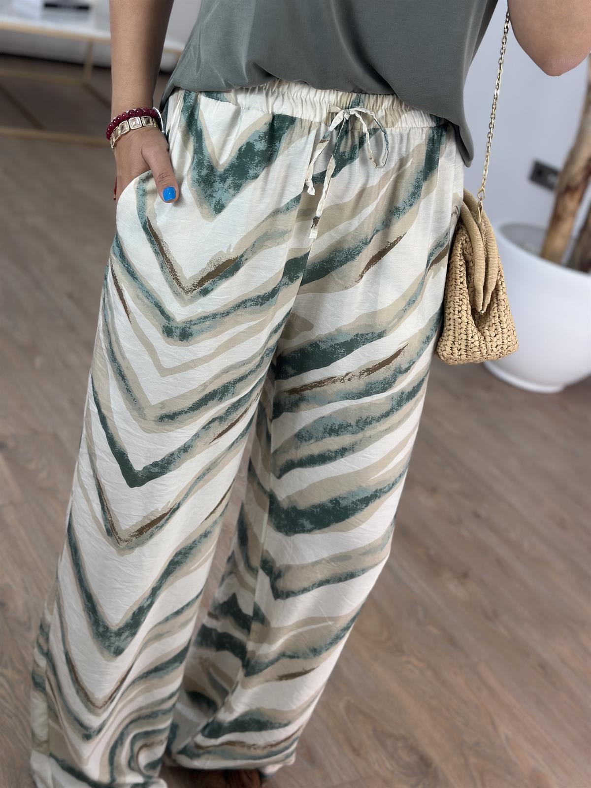 Beli Lastikli Çizgi Desenli Bol Paça Pantolon - Haki