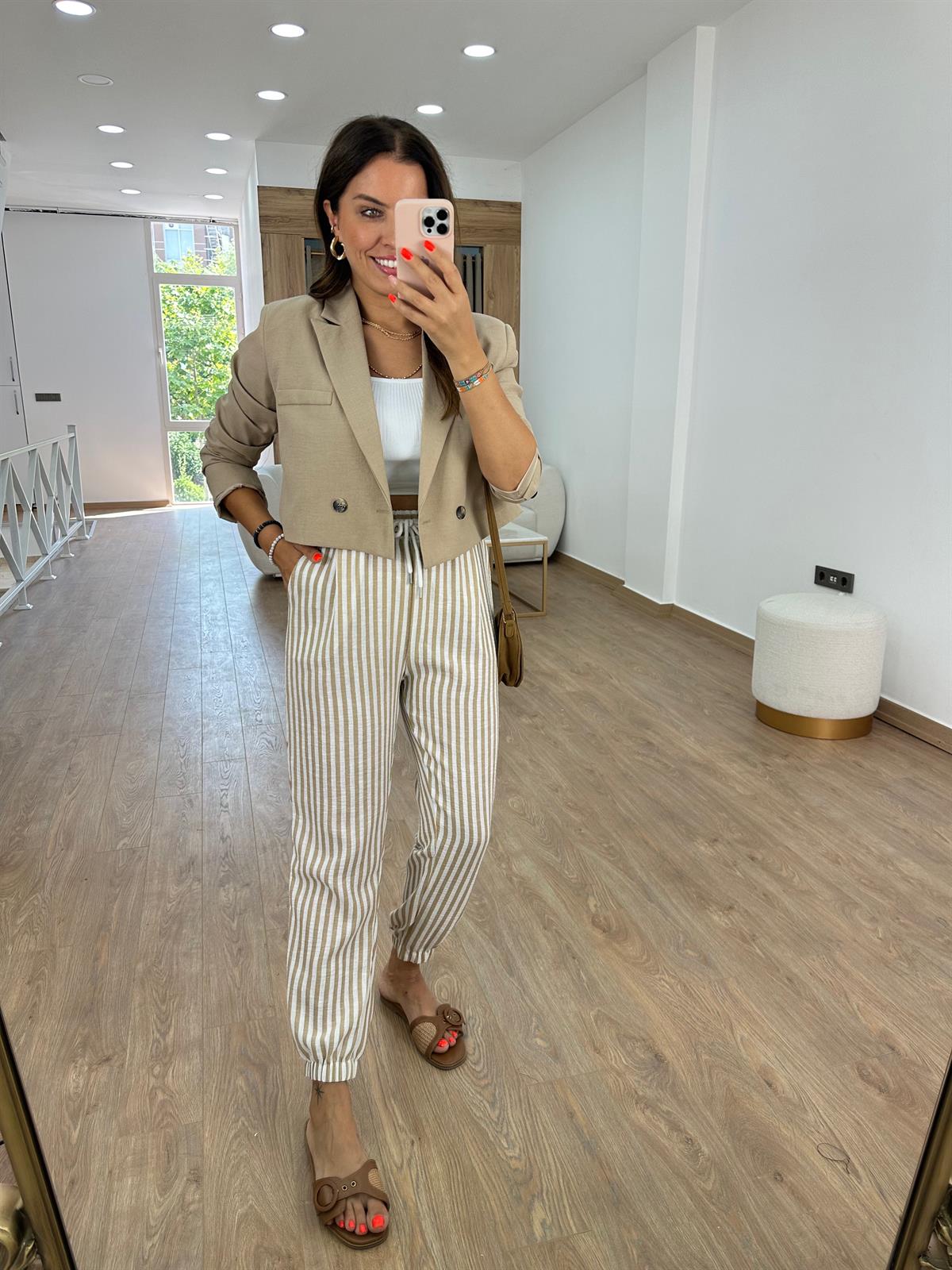 Beli Lastikli Çizgili Keten Pantolon-Camel 