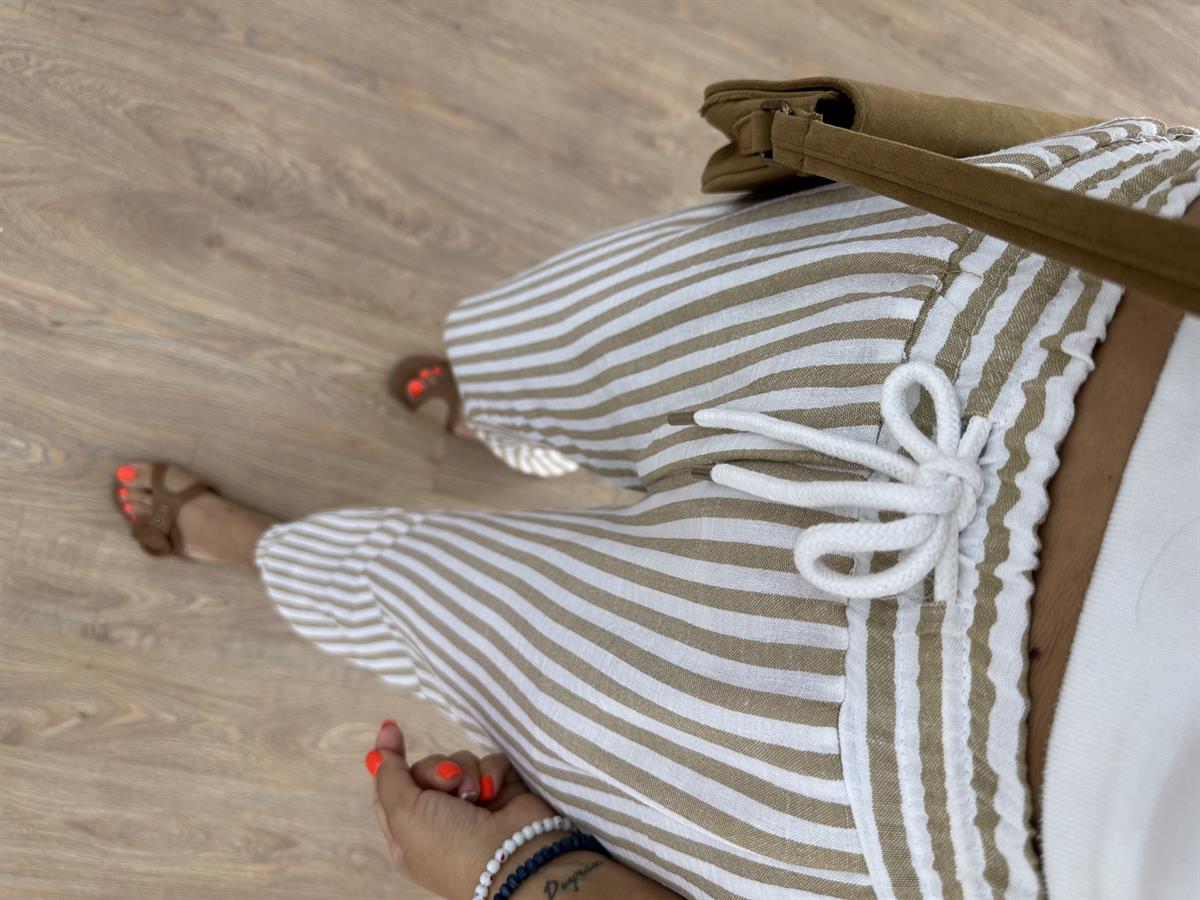Beli Lastikli Çizgili Keten Pantolon-Camel 