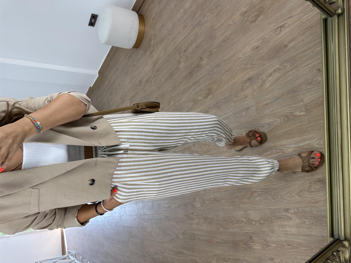 Beli Lastikli Çizgili Keten Pantolon-Camel 