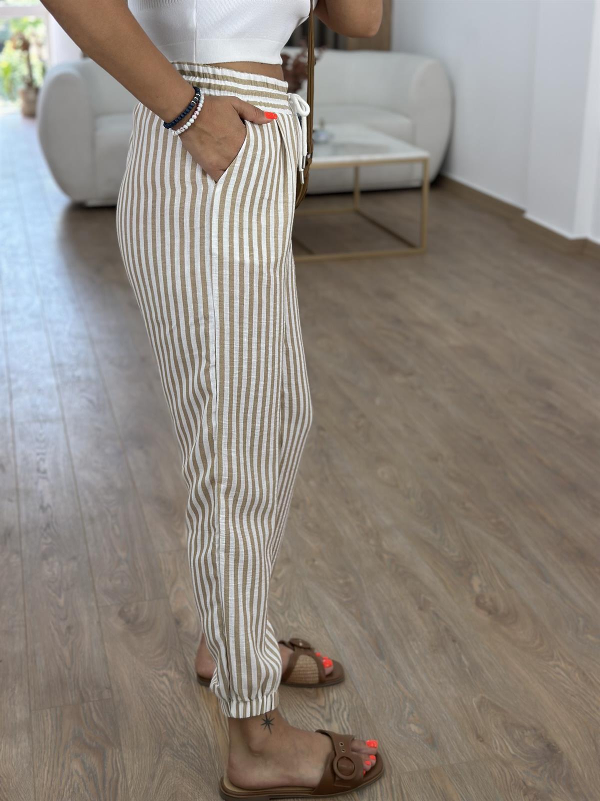 Beli Lastikli Çizgili Keten Pantolon-Camel 