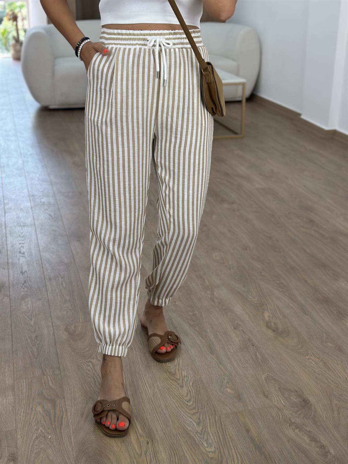 Beli Lastikli Çizgili Keten Pantolon-Camel 