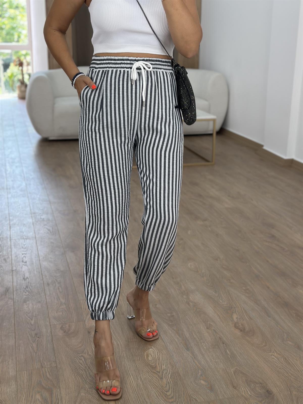 Beli Lastikli Çizgili Keten Pantolon-Siyah