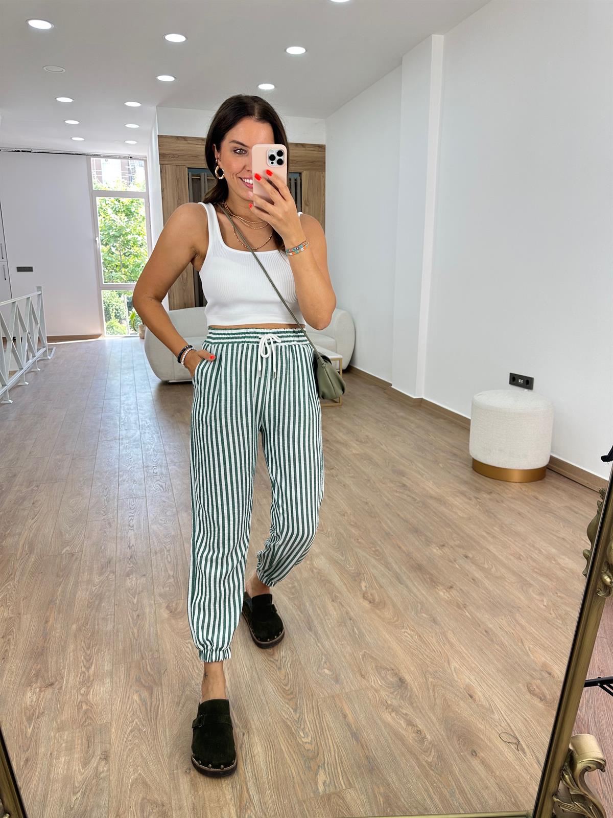 Beli Lastikli Çizgili Keten Pantolon-Yeşil