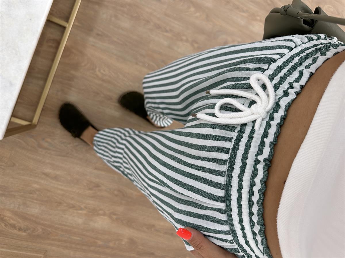 Beli Lastikli Çizgili Keten Pantolon-Yeşil