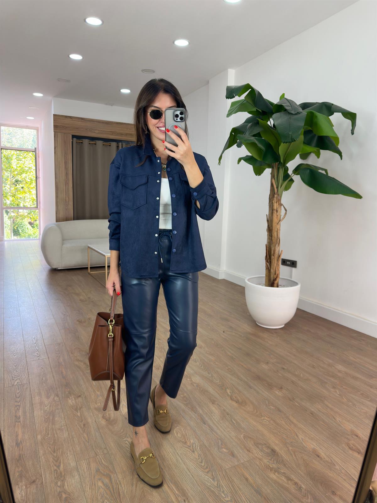 Beli Lastikli Deri Havuç Pantolon - Lacivert