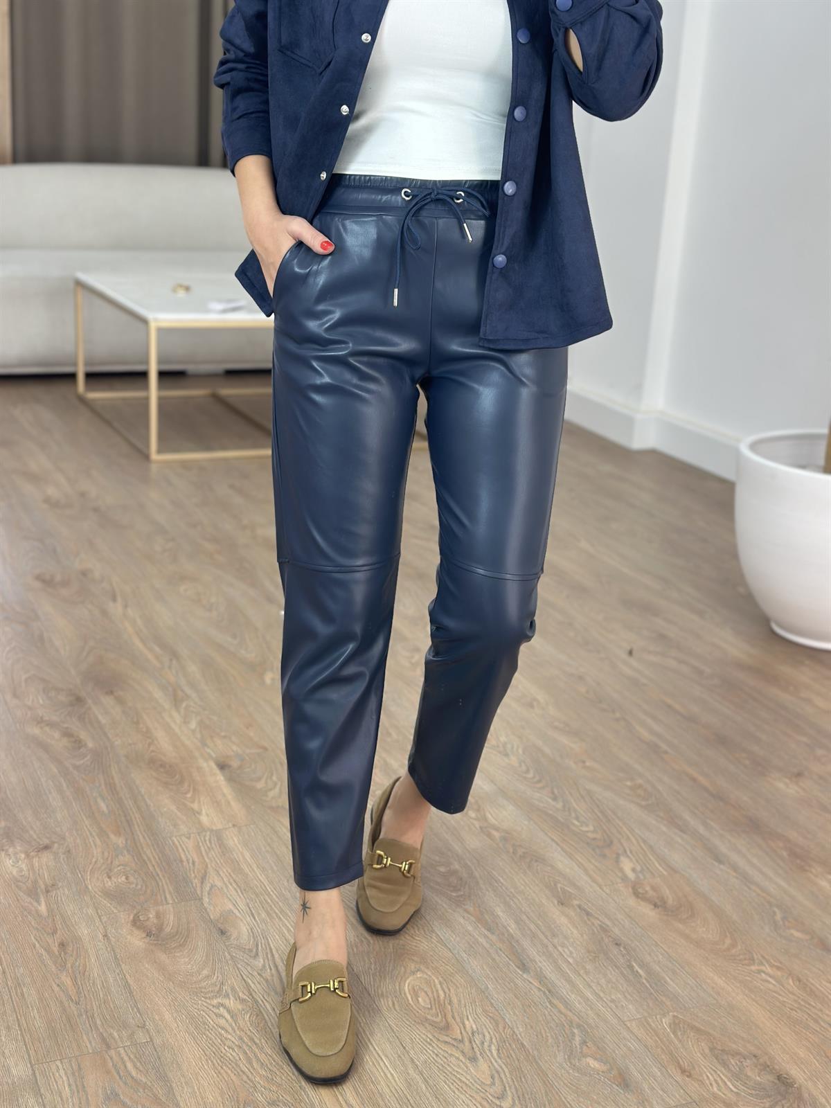 Beli Lastikli Deri Havuç Pantolon - Lacivert