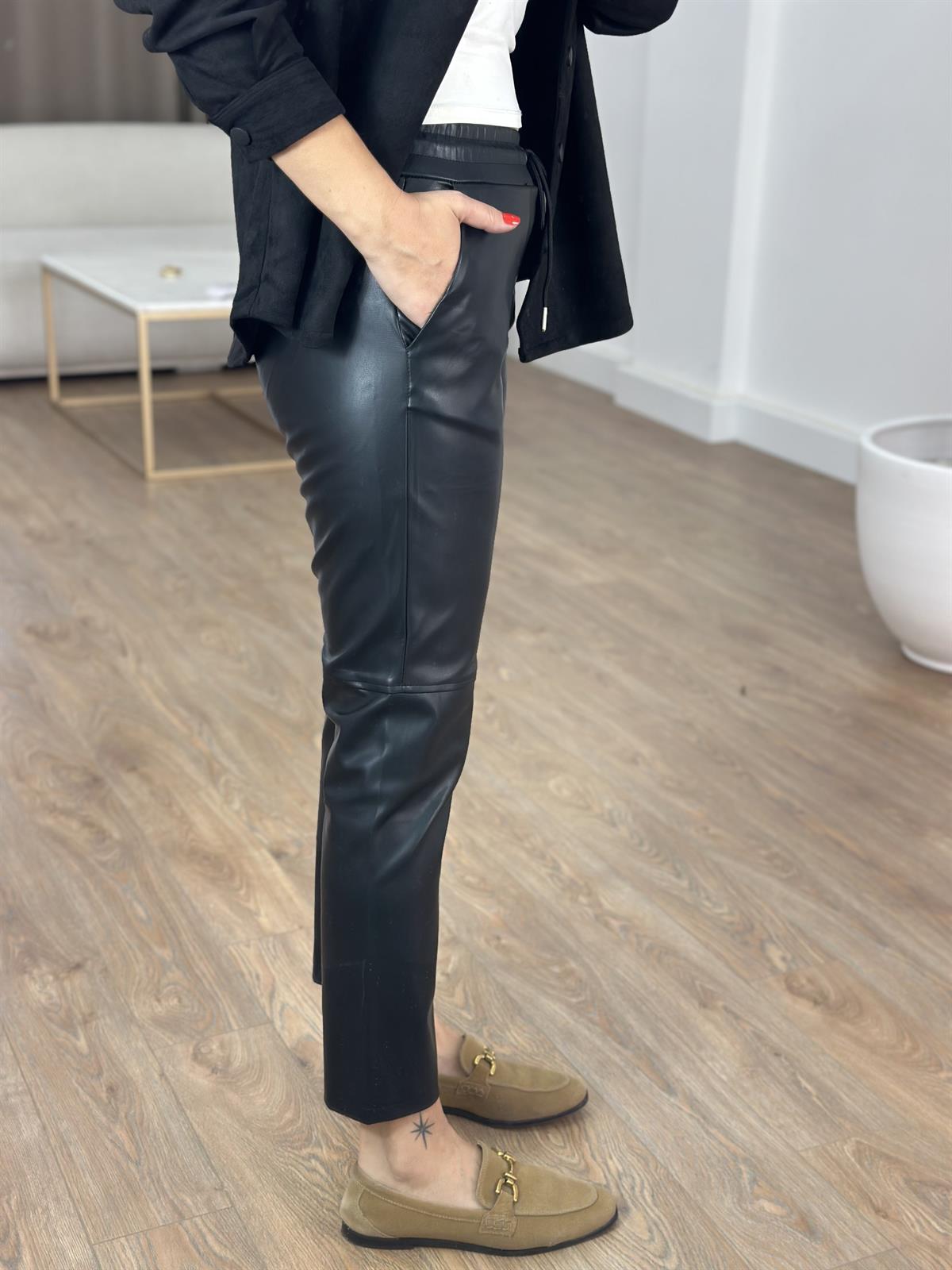 Beli Lastikli Deri Havuç Pantolon - Siyah