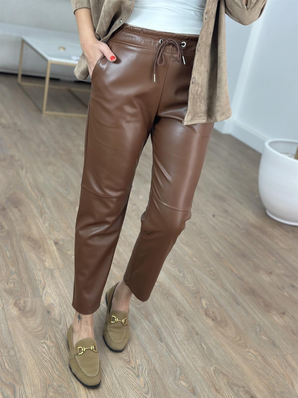 Beli Lastikli Deri Havuç Pantolon - Taba