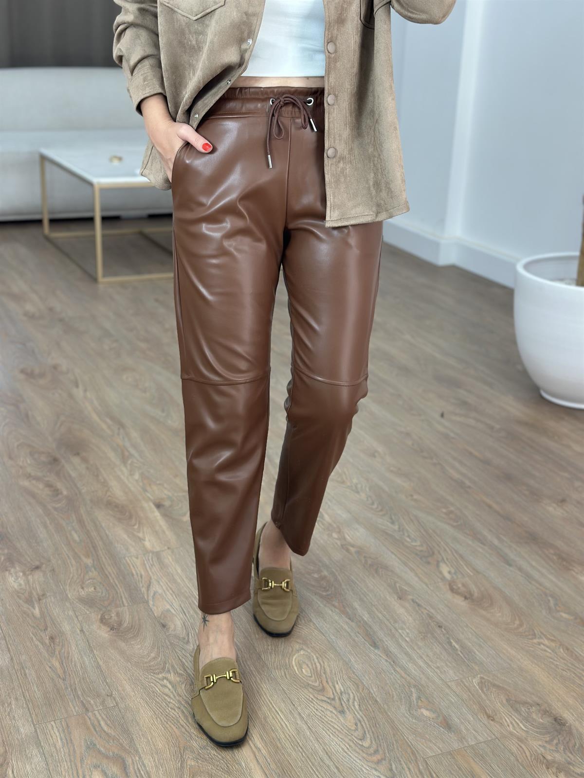 Beli Lastikli Deri Havuç Pantolon - Taba