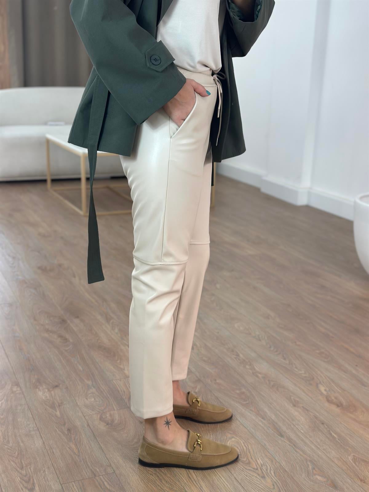 Beli Lastikli Deri Havuç Pantolon - Taş