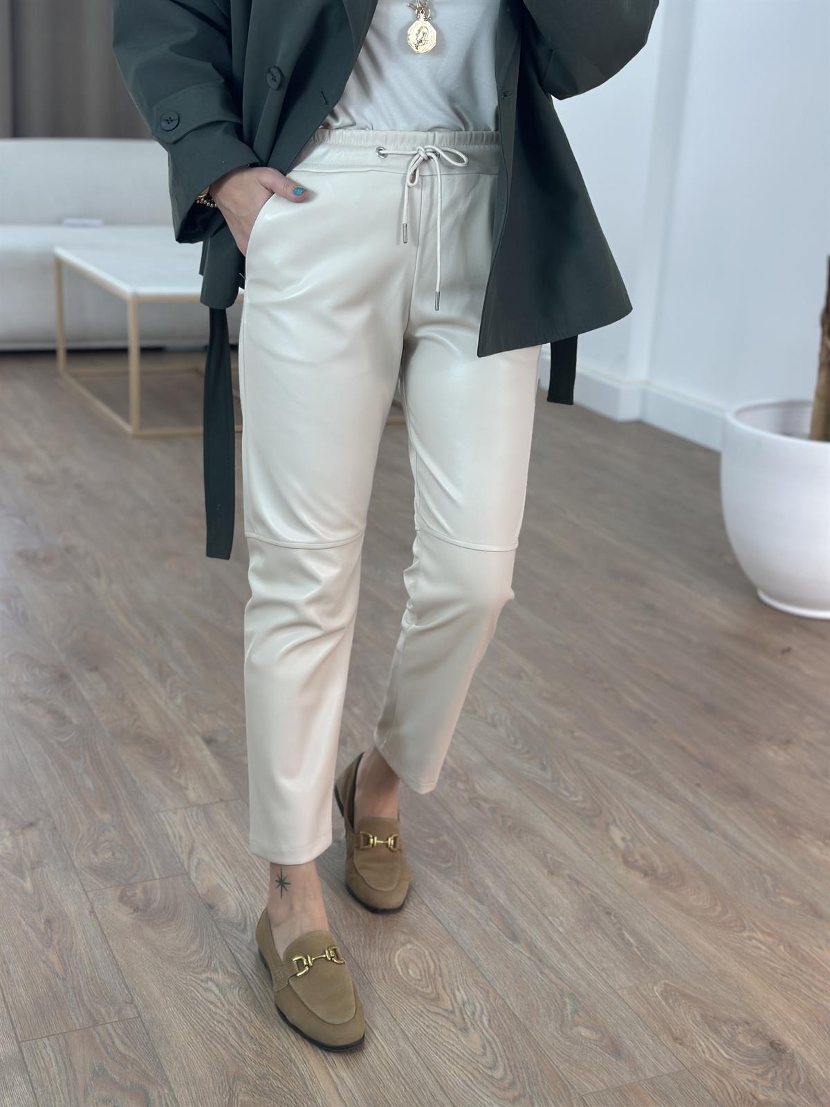 Beli Lastikli Deri Havuç Pantolon - Taş