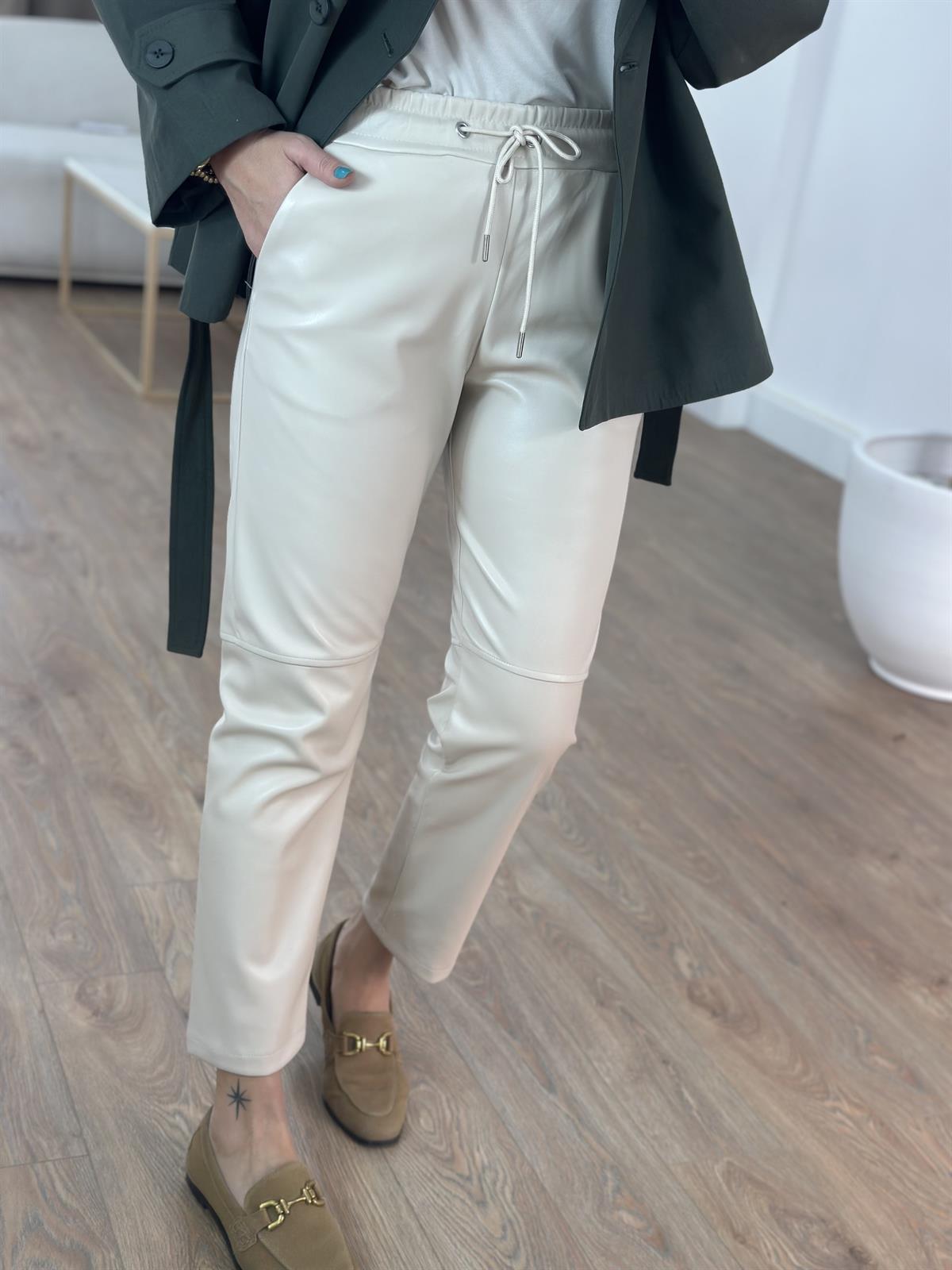 Beli Lastikli Deri Havuç Pantolon - Taş