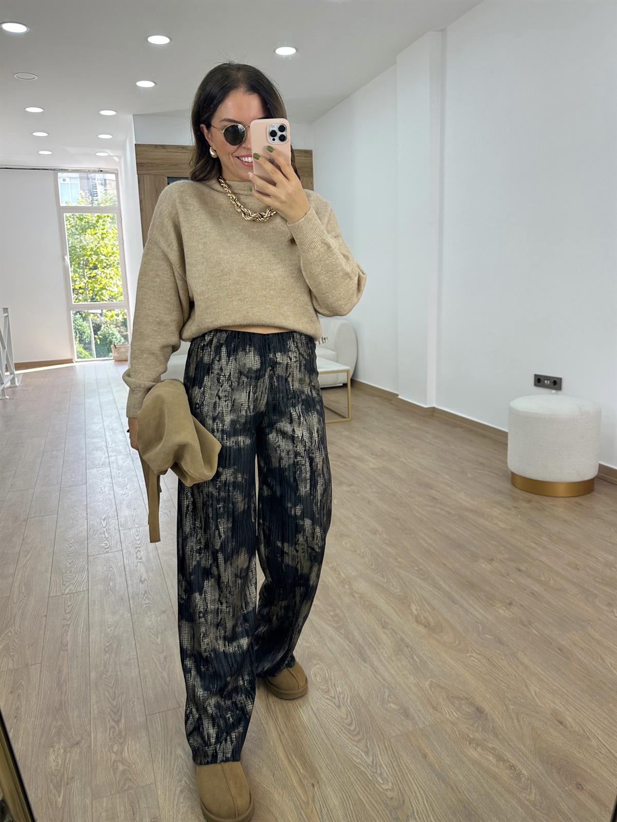 Beli Lastikli Desenli Pantolon-Bej