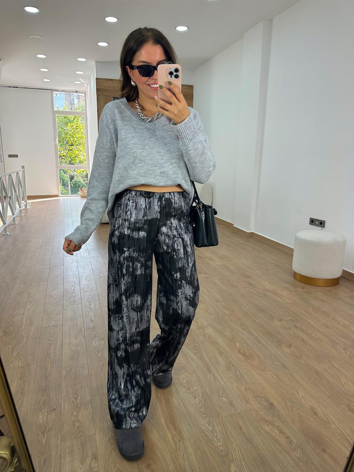 Beli Lastikli Desenli Pantolon-Gümüş