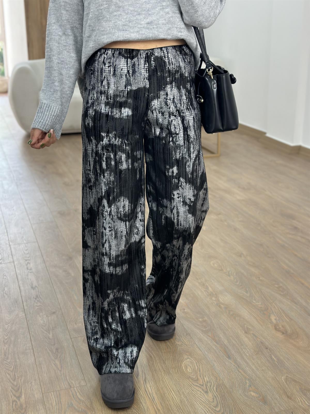 Beli Lastikli Desenli Pantolon-Gümüş