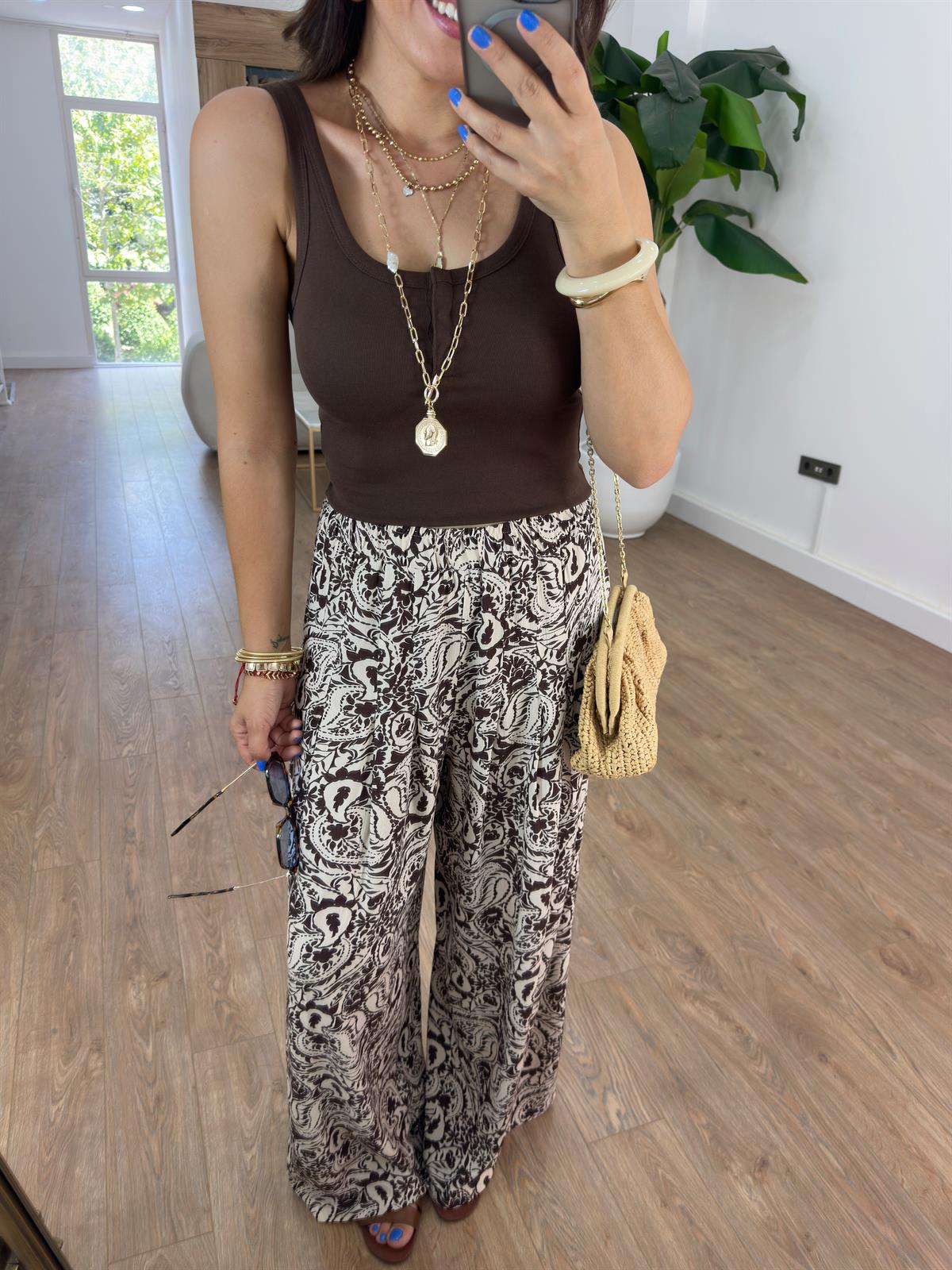 Beli Lastikli Desenli Pantolon - Kahve