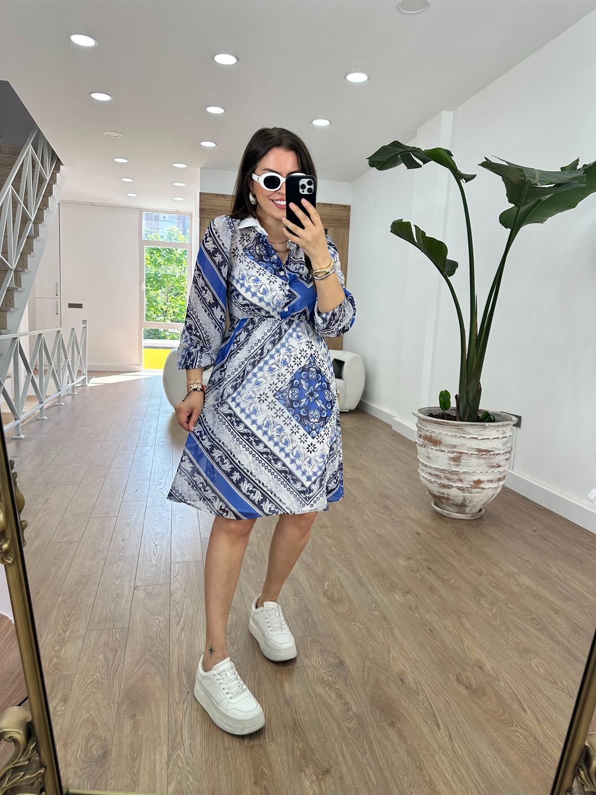 Beli Lastikli Desenli Şifon Elbise