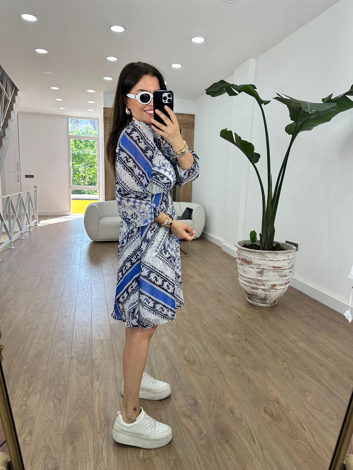 Beli Lastikli Desenli Şifon Elbise