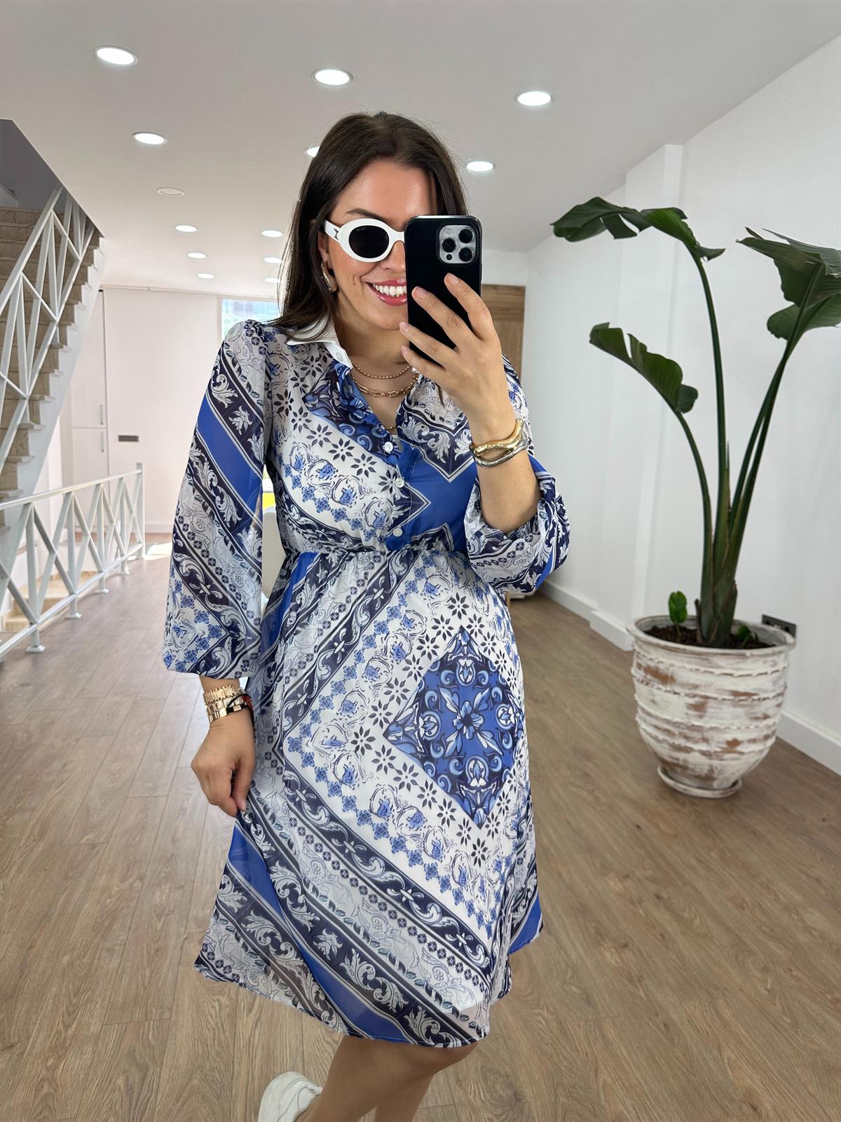 Beli Lastikli Desenli Şifon Elbise