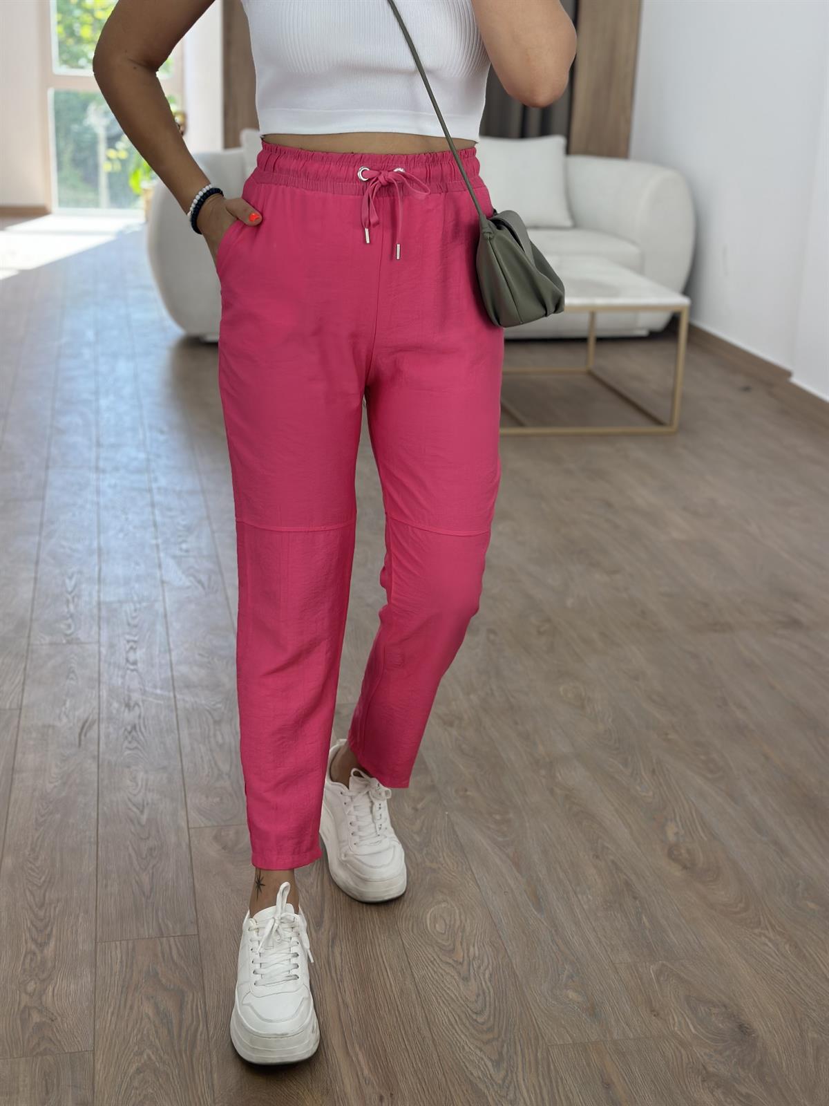 Beli Lastikli Dikiş Detay Havuç Pantolon Fuşya