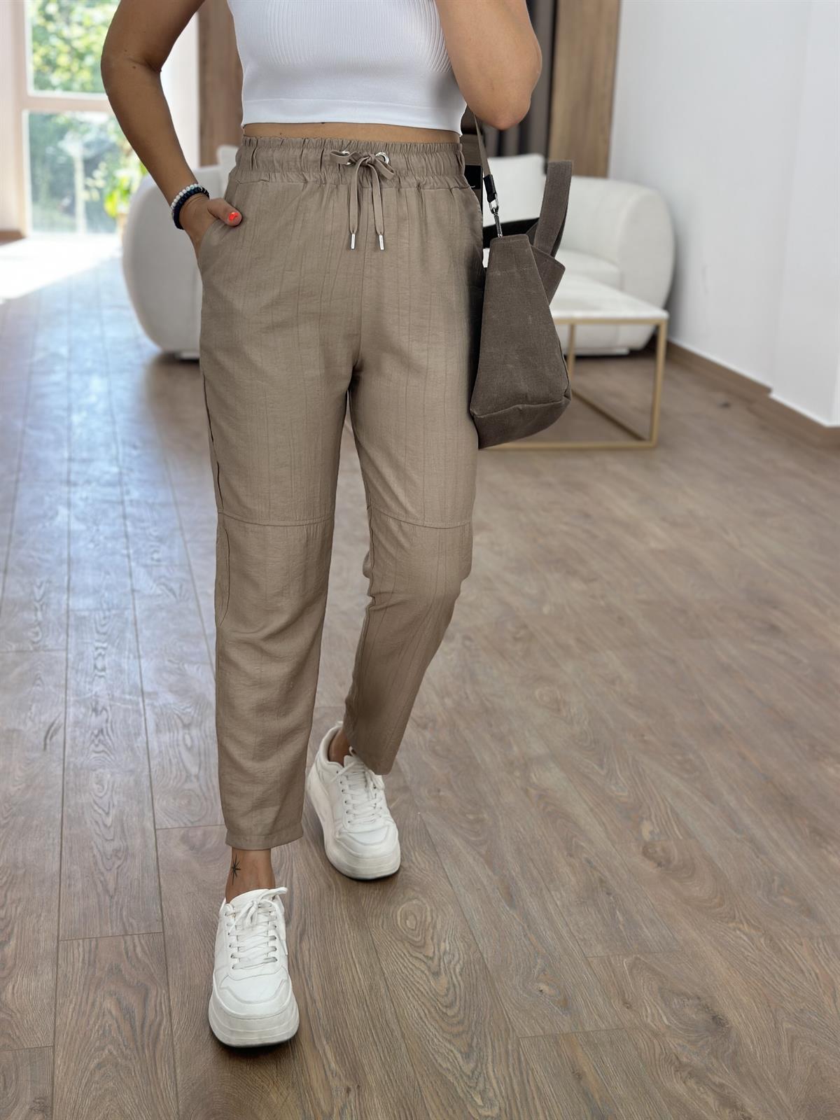 Beli Lastikli Dikiş Detay Havuç Pantolon Vizon