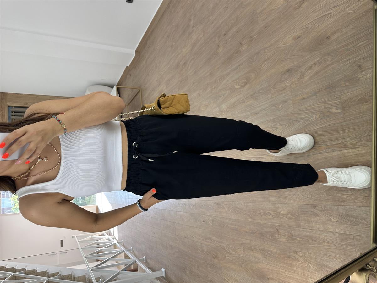 Beli Lastikli Dikiş Detay Havuç Pantolon Siyah