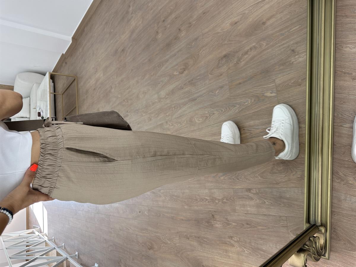 Beli Lastikli Dikiş Detay Havuç Pantolon Vizon