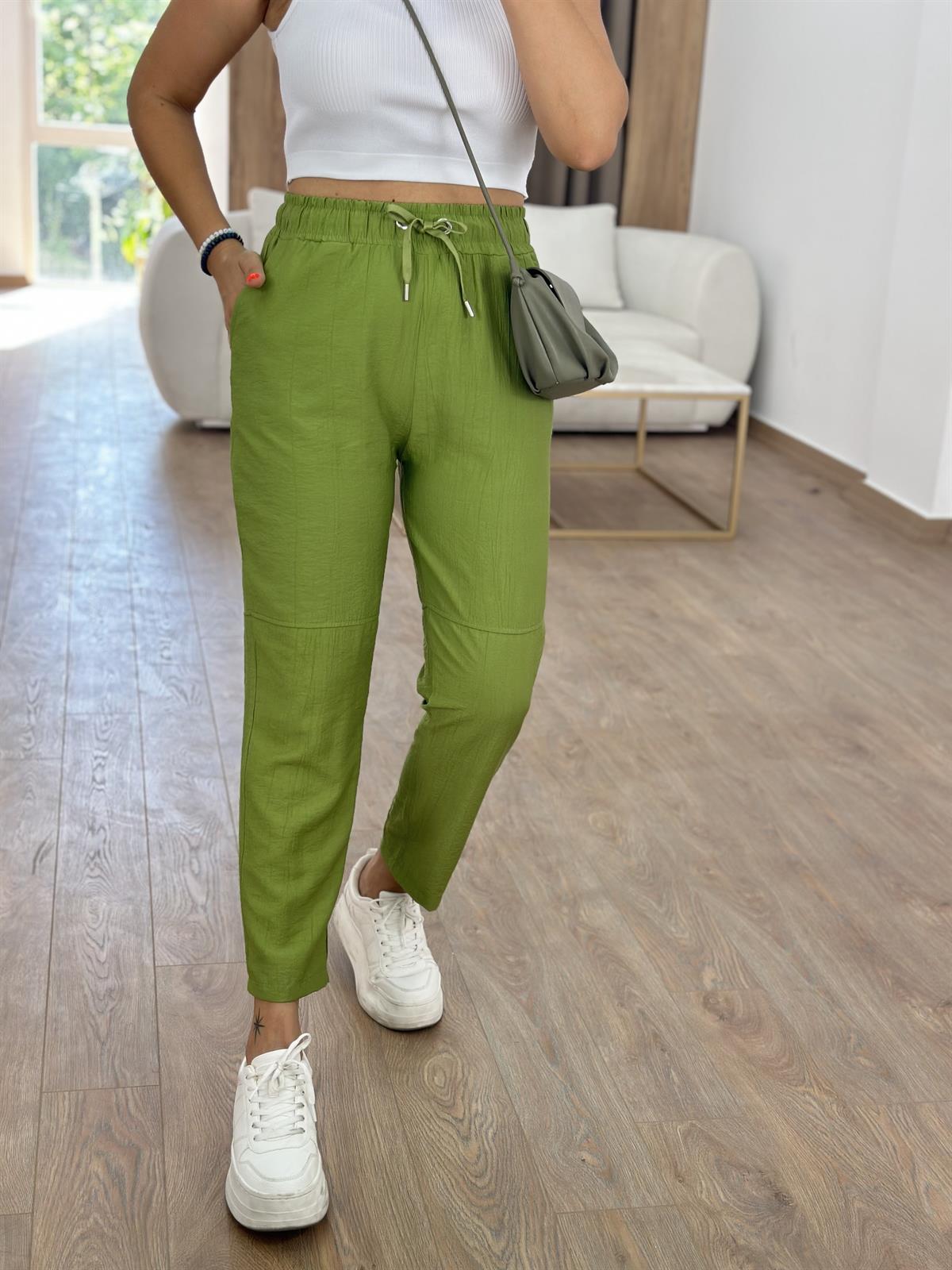 Beli Lastikli Dikiş Detay Havuç Pantolon Yağ Yeşili