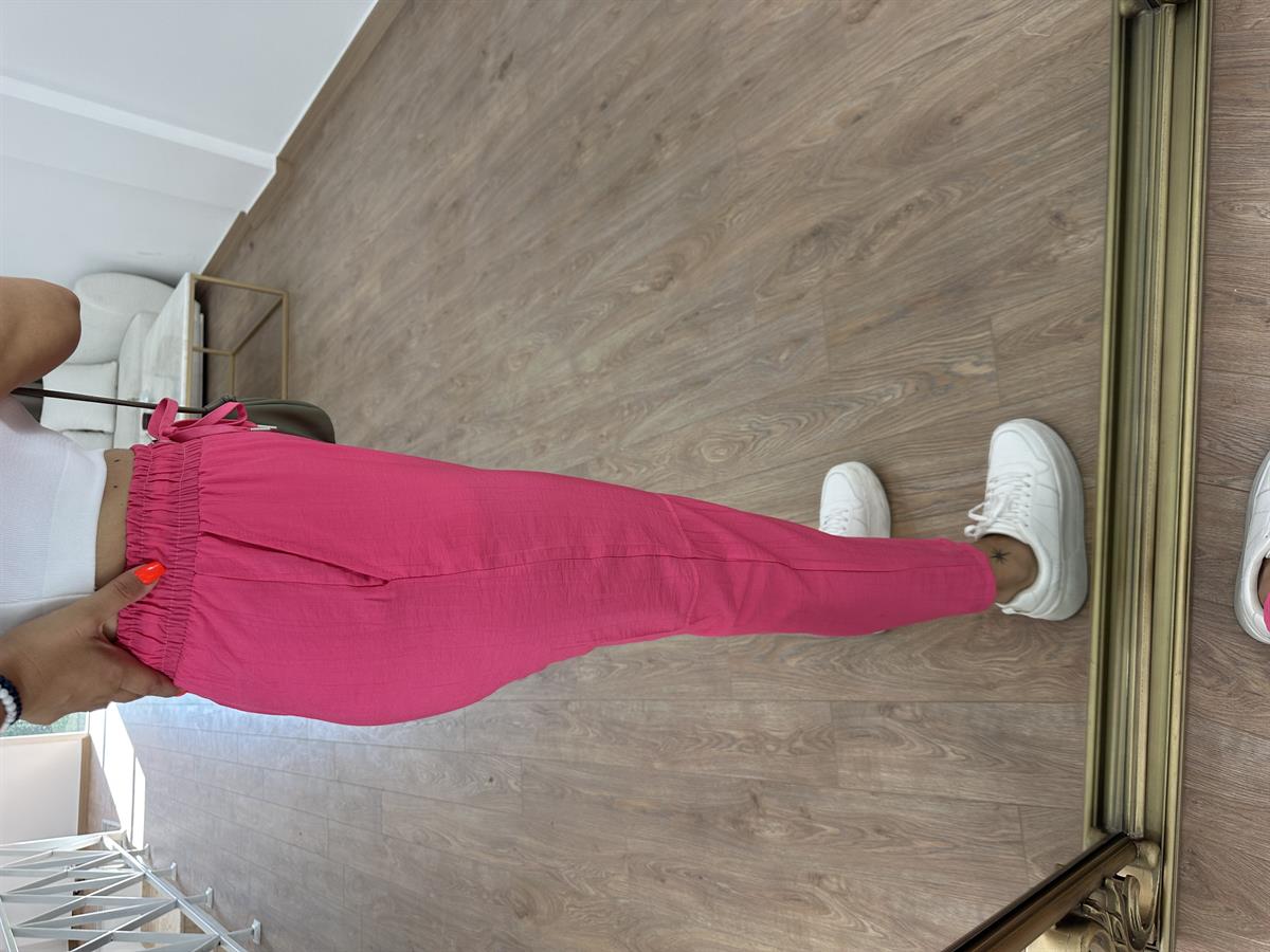 Beli Lastikli Dikiş Detay Havuç Pantolon Fuşya