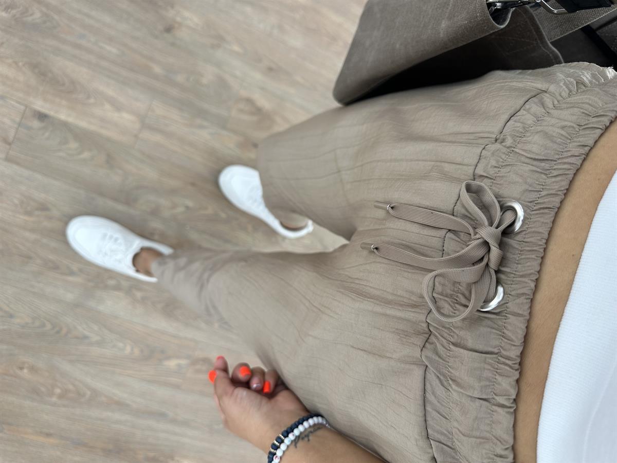 Beli Lastikli Dikiş Detay Havuç Pantolon Vizon