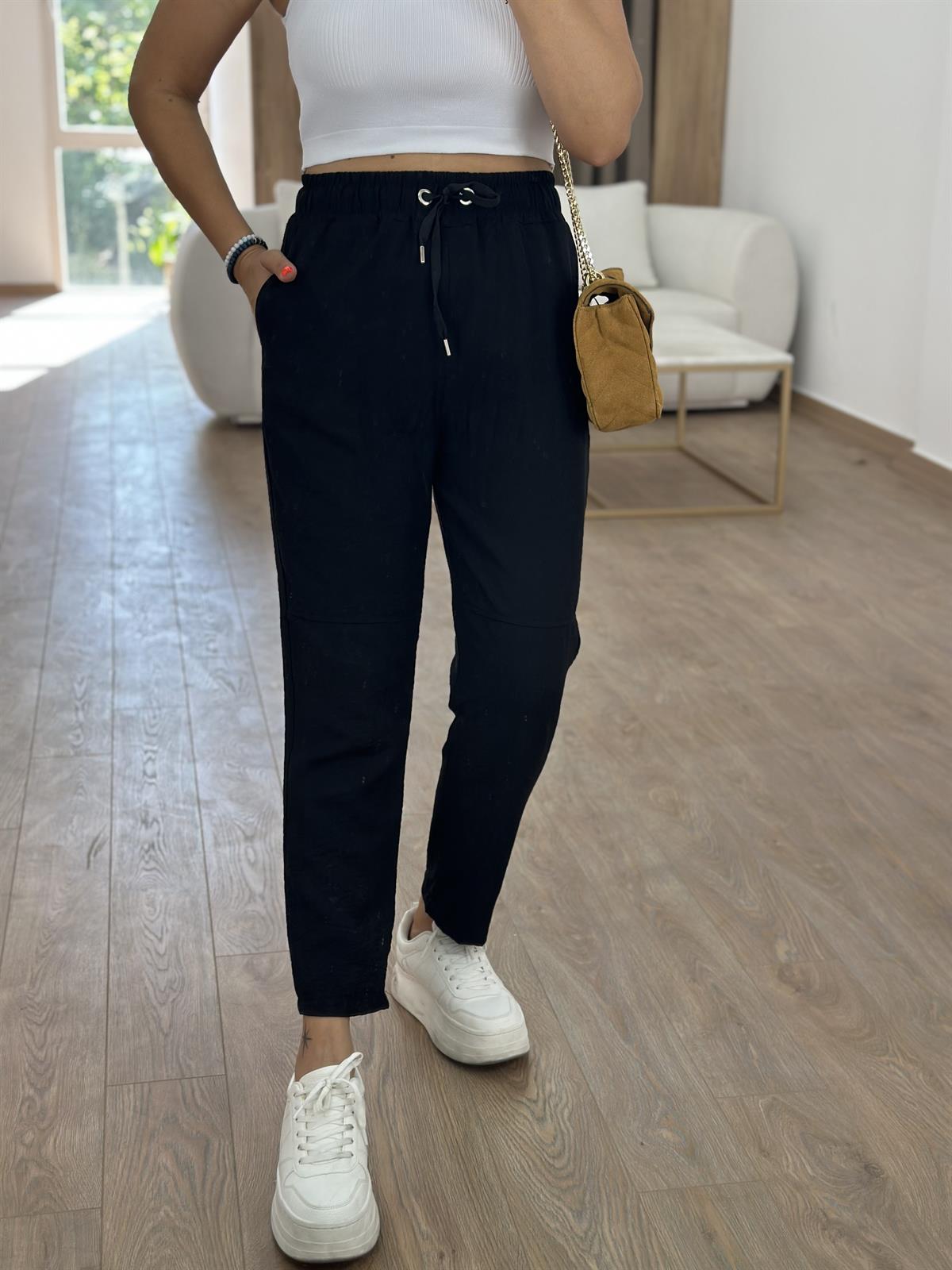 Beli Lastikli Dikiş Detay Havuç Pantolon Siyah