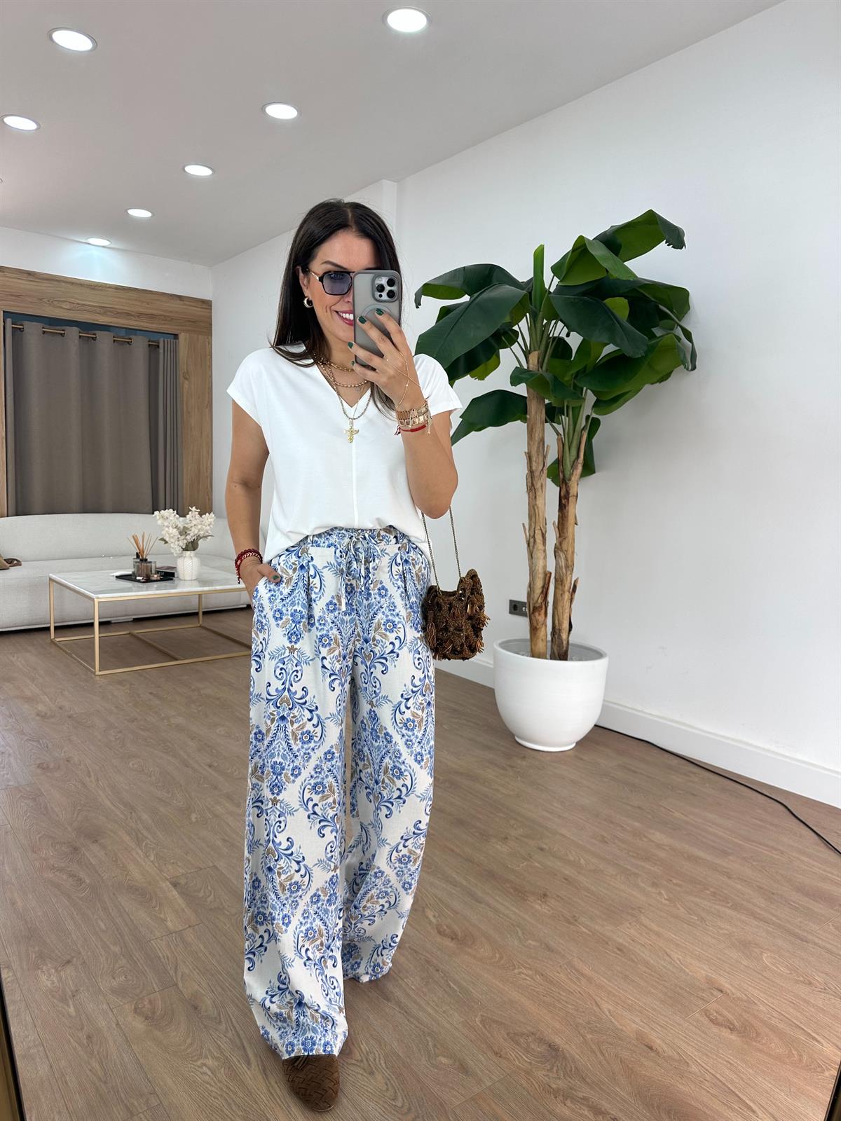 Beli Lastikli Etnik Desenli Keten Pantolon - Lacivert