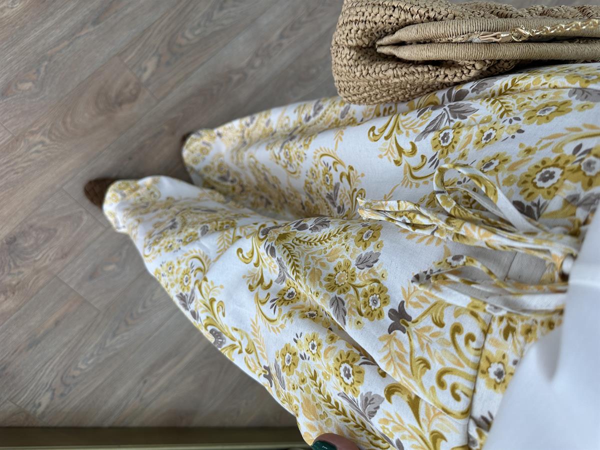 Beli Lastikli Etnik Desenli Keten Pantolon - Sarı