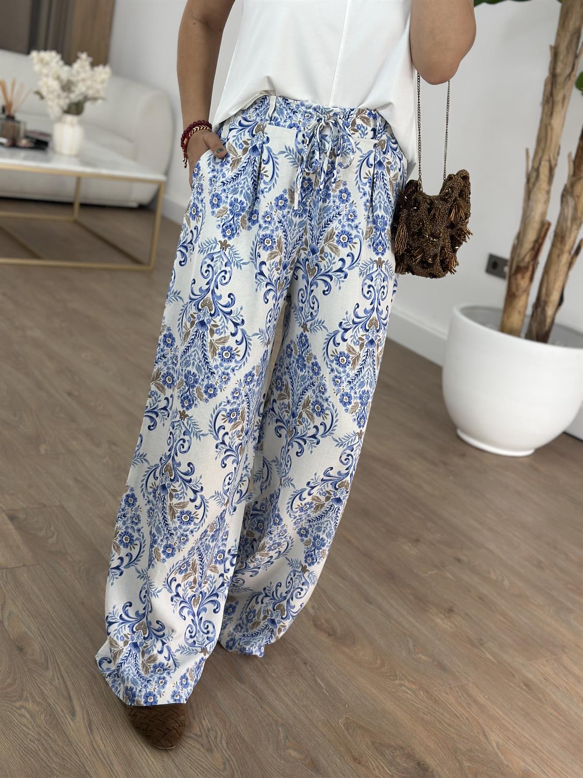 Beli Lastikli Etnik Desenli Keten Pantolon - Lacivert