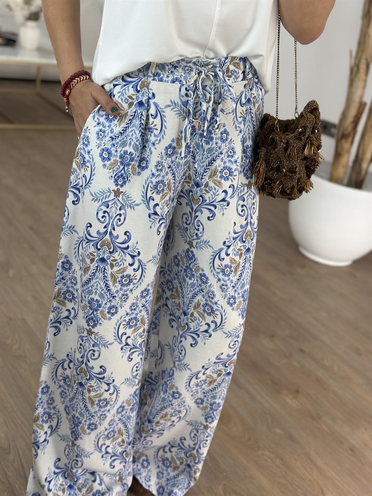 Beli Lastikli Etnik Desenli Keten Pantolon - Lacivert