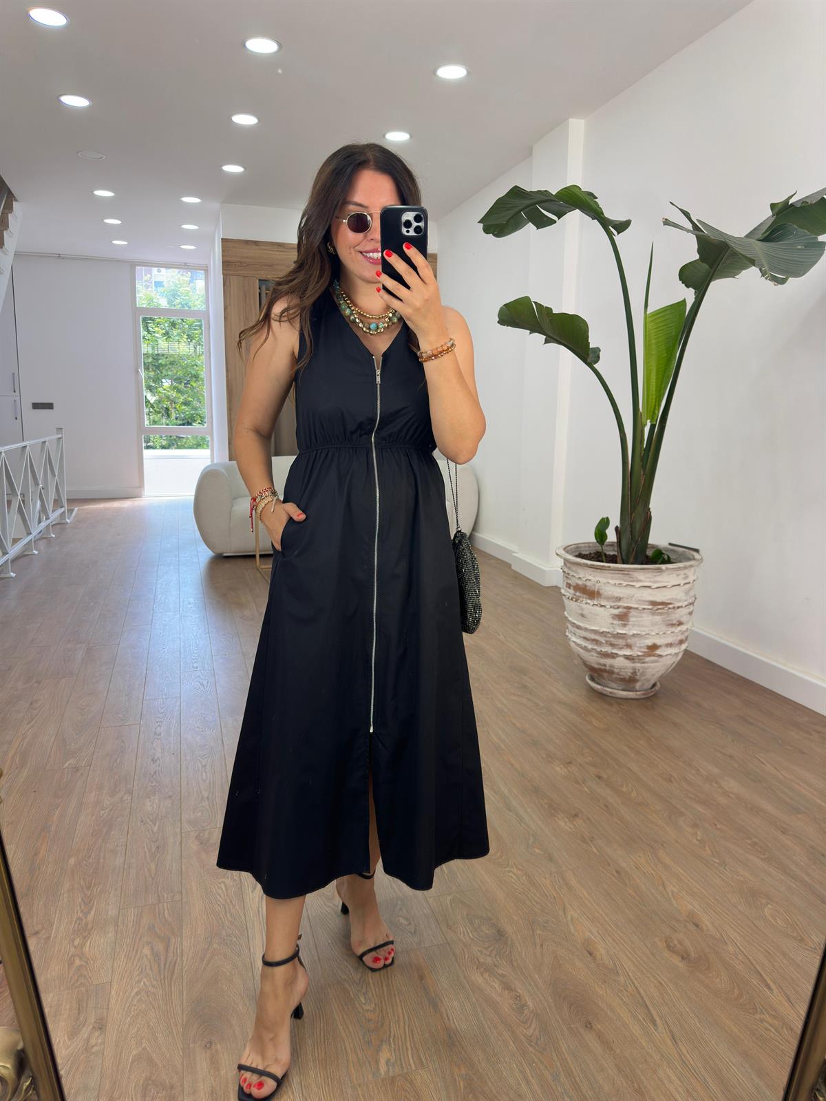 Beli Lastikli Fermuarlı Poplin Elbise