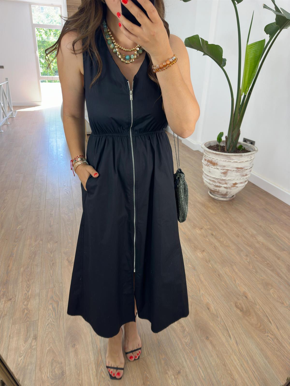 Beli Lastikli Fermuarlı Poplin Elbise