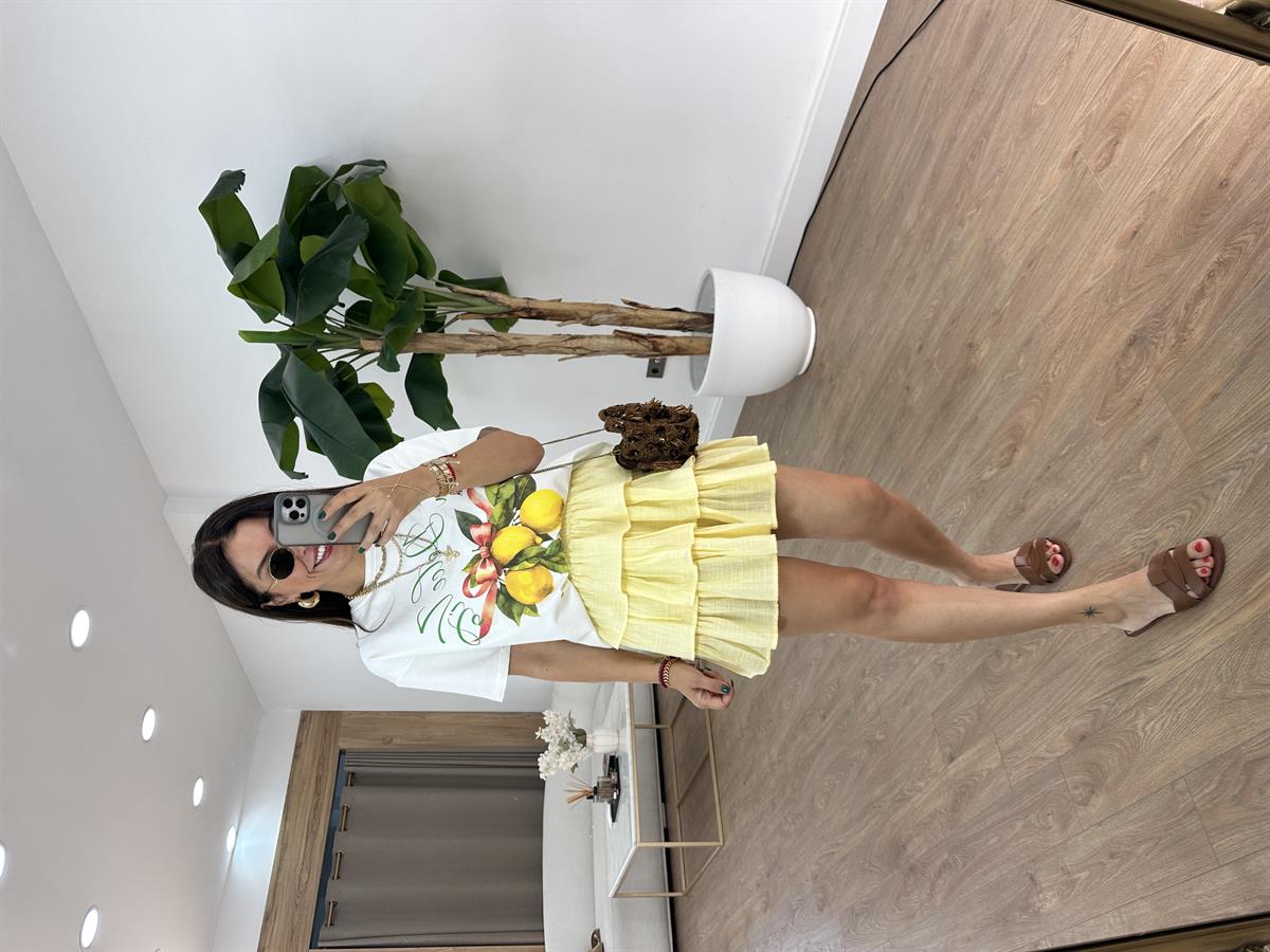 Beli Lastikli Fırfırlı Mini Etek - Sarı