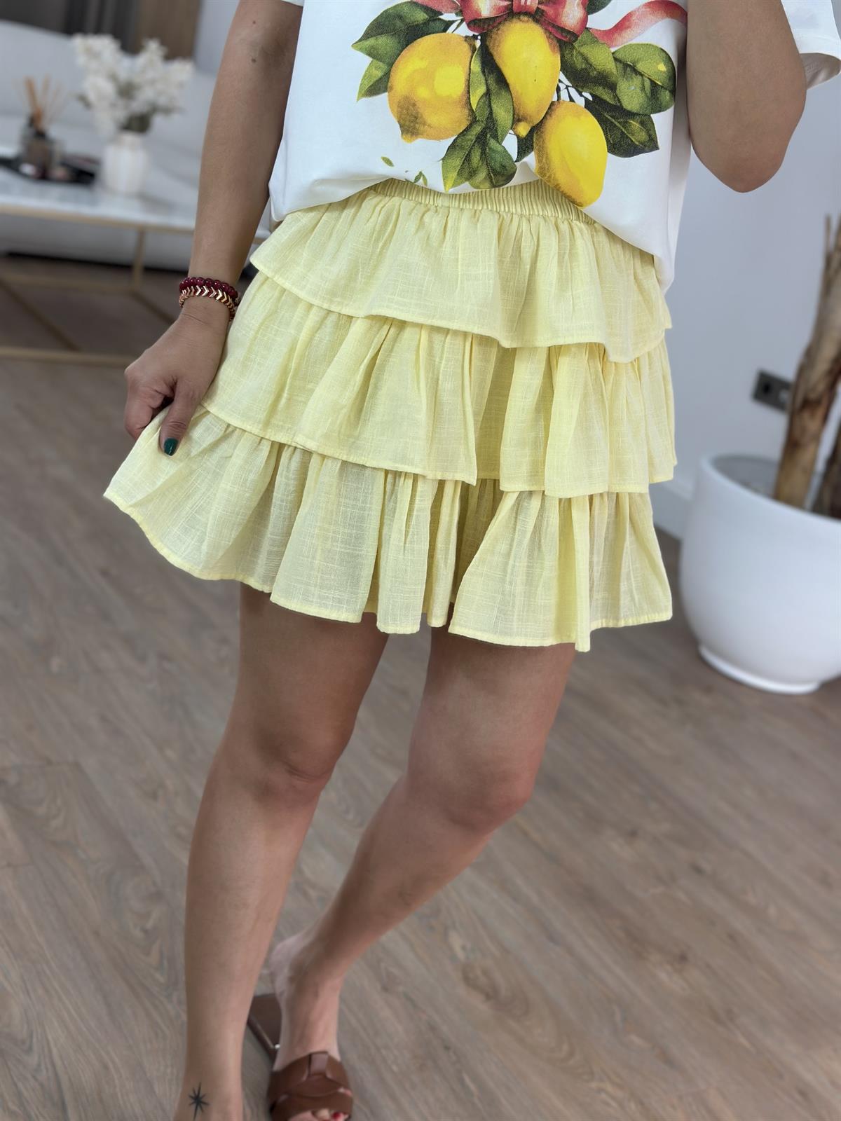 Beli Lastikli Fırfırlı Mini Etek - Sarı