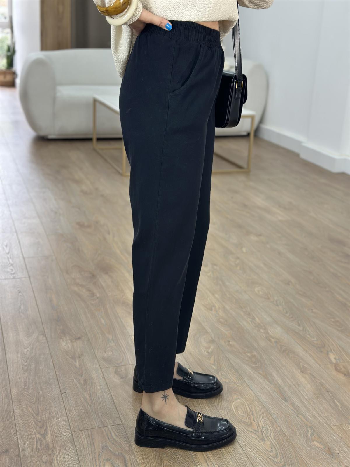 Beli Lastikli Gabardin Havuç Pantolon - Siyah