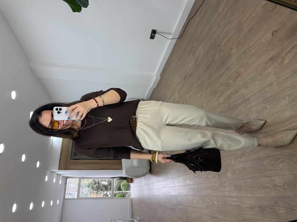 Beli Lastikli Gabardin Havuç Pantolon - Taş